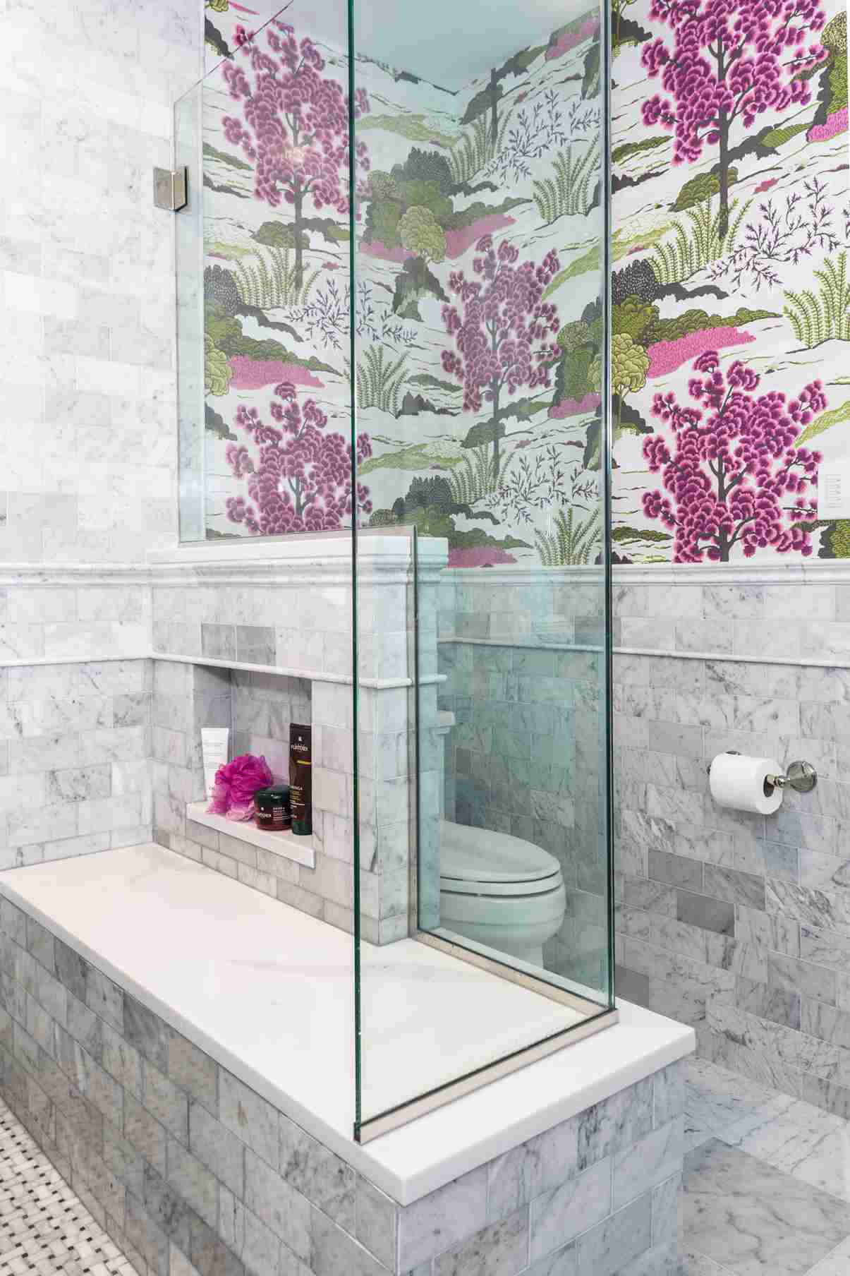 Bold Wallpaper, clear Shower, Bathroom Remodel Pittsburgh